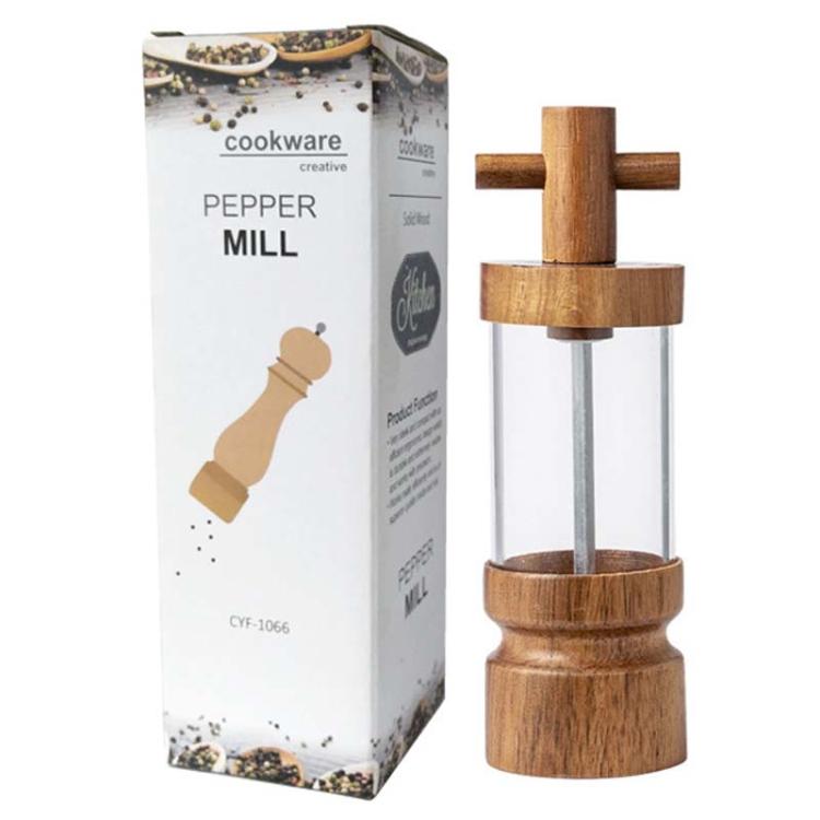 7 inch Manual Black Pepper Wood Grinder Transparent Acrylic Pepper Seasoning Bottle, Single With Box, Double+Base+Spoon+Steel Brush+Black Brush