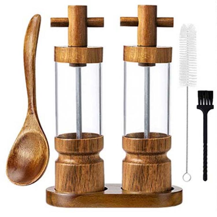 7 inch Manual Black Pepper Wood Grinder Transparent Acrylic Pepper Seasoning Bottle, Single With Box, Double+Base+Spoon+Steel Brush+Black Brush