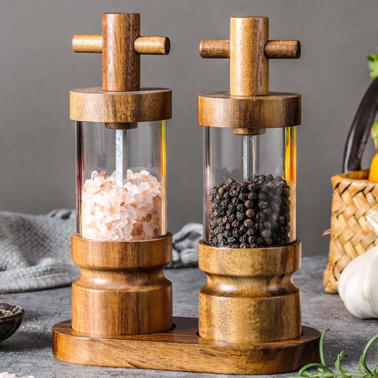 7 inch Manual Black Pepper Wood Grinder Transparent Acrylic Pepper Seasoning Bottle, Single With Box, Double+Base+Spoon+Steel Brush+Black Brush