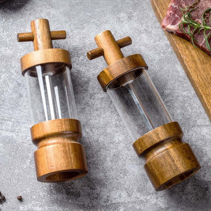 7 inch Manual Black Pepper Wood Grinder Transparent Acrylic Pepper Seasoning Bottle, Single With Box, Double+Base+Spoon+Steel Brush+Black Brush