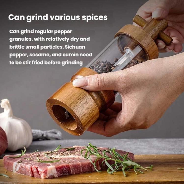 7 inch Manual Black Pepper Wood Grinder Transparent Acrylic Pepper Seasoning Bottle, Single With Box, Double+Base+Spoon+Steel Brush+Black Brush