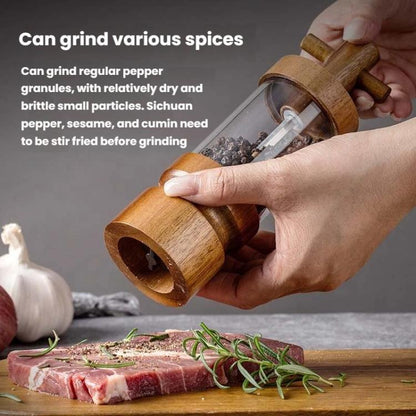 7 inch Manual Black Pepper Wood Grinder Transparent Acrylic Pepper Seasoning Bottle, Single With Box, Double+Base+Spoon+Steel Brush+Black Brush