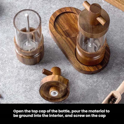 7 inch Manual Black Pepper Wood Grinder Transparent Acrylic Pepper Seasoning Bottle, Single With Box, Double+Base+Spoon+Steel Brush+Black Brush