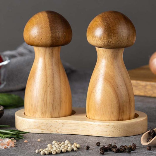 Mushroom Shaped Pepper Grinder Wooden Kitchen Grinding Tool, Single WIth Box, Double+Base