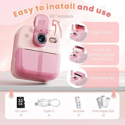 P02 Kids Instant Print Camera with 180-degree Flip Lens & 32GB Memory Card Selfie Photo Printing Toy