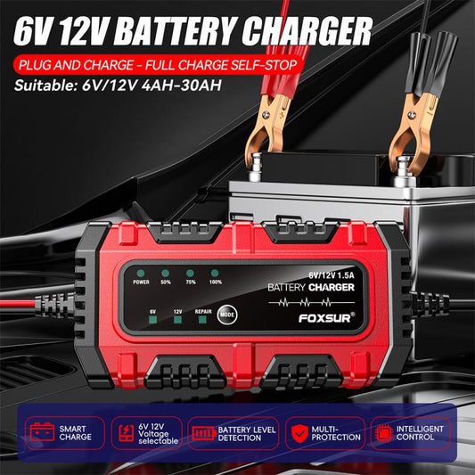 FOXSUR Smart 6V/12V 1.5A Battery Charger 4AH-30AH Lead Acid Battery Maintainer For Motorcycle/Car/ATV