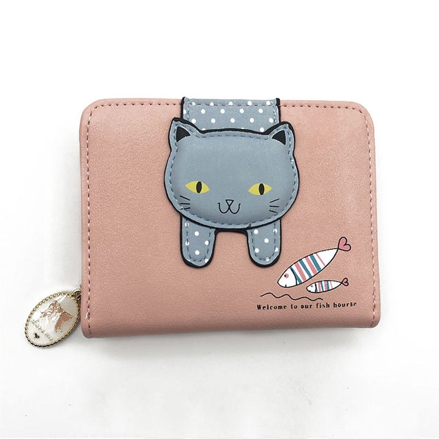 Women Cute Cat Wallet Small Zipper Wallet PU Leather Coin Purse Card Holder, Cat Black, Cat Blue, Cat Green, Cat Pink, Cat Rose Red