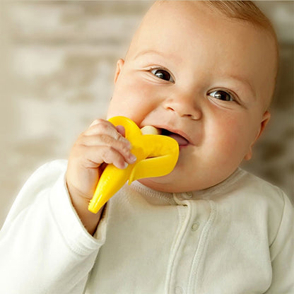 3 PCS Baby Silicone Training Toothbrush Banana Shape Safe Toddle Teether Chew Toys Teething Ring Gift for Infant Baby Chewing, Yellow-B