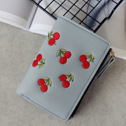 PU Leather Cherry Embroidery Coin Purse Card Holders