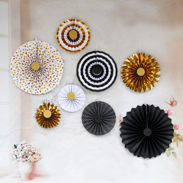 2 Sets Bronzing Paper Fan Flower Set Birthday Holiday Wedding Party Decoration, Bronzing 8pcs, Hot Silver 8pcs, Black 8pcs, Rose Gold 8pcs, Champagne Gold 8pcs, Colorful Hollow 8pcs, Bronzing 6pcs