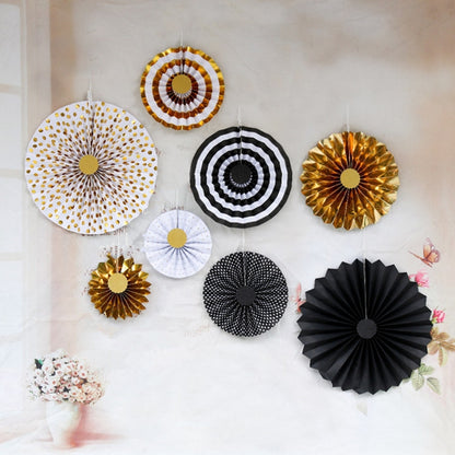 2 Sets Bronzing Paper Fan Flower Set Birthday Holiday Wedding Party Decoration, Bronzing 8pcs, Hot Silver 8pcs, Black 8pcs, Rose Gold 8pcs, Champagne Gold 8pcs, Colorful Hollow 8pcs, Bronzing 6pcs