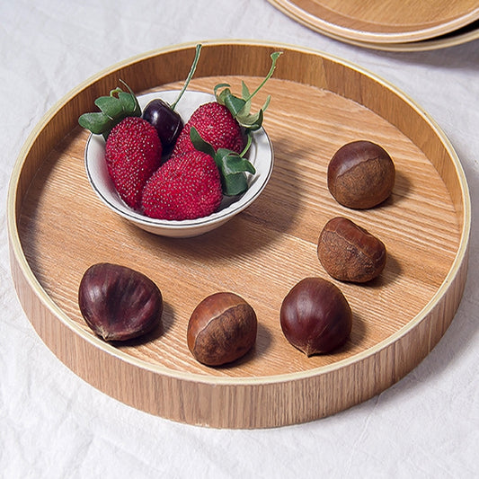 Creative Round Solid Wood Tea Tray Hotel Wooden Tay Storage Tray, Diameter: 33cm, Wood Color, Diameter: 33cm