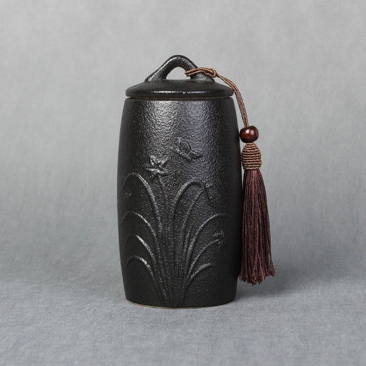 Orchid Pattern Stoneware Tea Cans Storage Tanks Ceramic Tea Set Tea Ceremony Accessories, Orchid Pattern Black, Orchid Pattern White