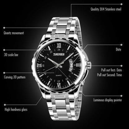SKMEI 9069 Multifunctional Outdoor Fashion Business Waterproof Silver Shell Quartz Wrist Watch