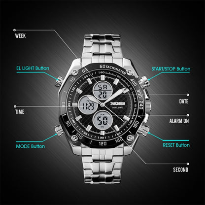SKMEI 1302 Fashion Men Leisure Wrist Watch Multifunctional Dual-time Sports Digital Watch with Stainless Steel Watchband 30m Waterproof