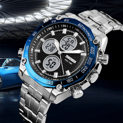 SKMEI 1302 Fashion Men Leisure Wrist Watch Multifunctional Dual-time Sports Digital Watch with Stainless Steel Watchband 30m Waterproof