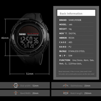 SKMEI 1405 Fashion Solar Power Outdoor Sports Watch Multifunctional 50m Waterproof Men Digital Watch