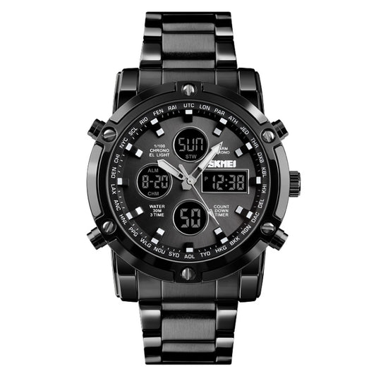 SKMEI 1389 Multifunctional Men Business Digital Watch 30m Waterproof Large Dial Wrist Watch with Stainless Steel Watchband