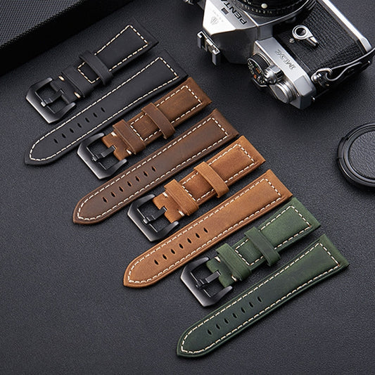 Crazy Horse Layer Frosted Black Buckle Watch Leather Watch Band, Size: 26mm
