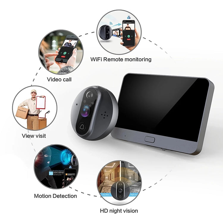 جرس باب ذكي R9 مقاس 4.3 بوصة مزود بخاصية WiFi وفيديو مرئي إلكتروني، R9