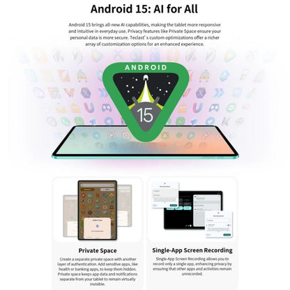 تابلت تيكلاست P50AI واي فاي، 6 جيجابايت + 128 جيجابايت، 11 بوصة، أندرويد 15 Allwinner A733 ثماني النواة مع وحدة معالجة عصبية، P50AI
