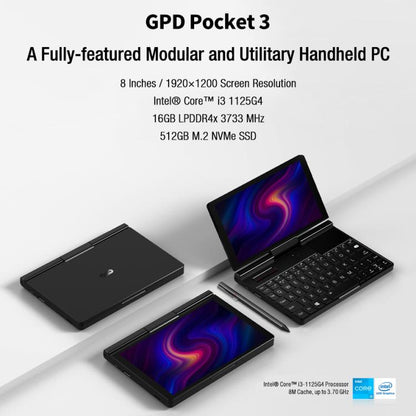 جهاز كمبيوتر محمول GPD Pocket 3، 16 جيجابايت + 512 جيجابايت، 8 بوصة، نظام التشغيل Windows 11 Home Intel Core i3-1125G4، قابس الاتحاد الأوروبي، WMC2572EU، WMC2572UK، WMC2572US