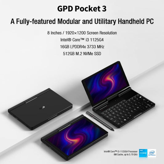 جهاز كمبيوتر محمول GPD Pocket 3، 16 جيجابايت + 512 جيجابايت، 8 بوصة، نظام التشغيل Windows 11 Home Intel Core i3-1125G4، قابس الاتحاد الأوروبي، WMC2572EU، WMC2572UK، WMC2572US