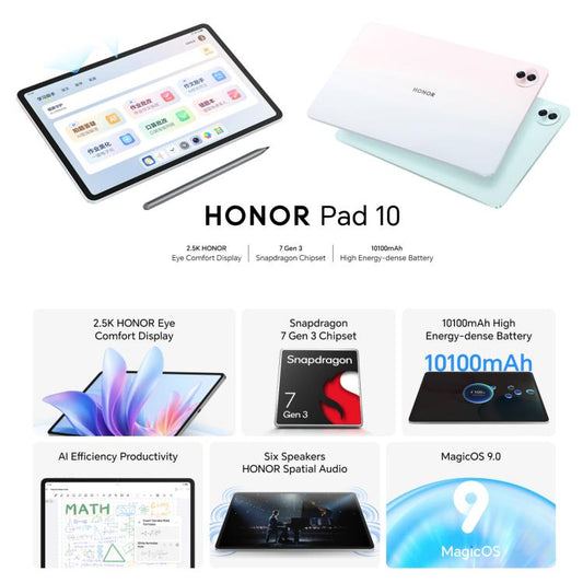 جهاز لوحي Honor Pad 10 واي فاي، شاشة 12.1 بوصة، 12 جيجابايت + 256 جيجابايت، MagicOS 9.0، معالج كوالكوم سنابدراجون 7 من الجيل الثالث، ثماني النواة، 12 جيجابايت + 256 جيجابايت