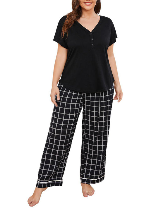 Plus size women's V-neck short-sleeved T-shirt plaid trousers home pajamas set