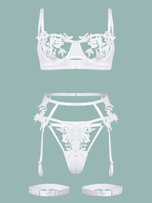 New sexy embroidered flower hollow sexy webbing underwire sexy lingerie set