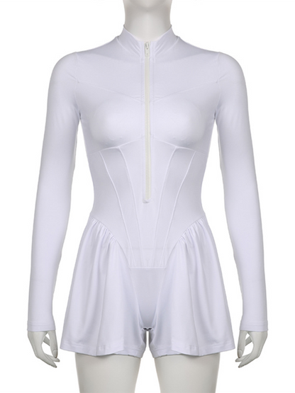 Fashion women's solid color casual sportswear zipper wide-leg jumpsuit shorts