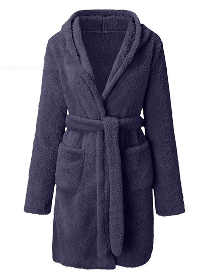 Autumn and winter hooded home plush pajamas solid color warm bathrobe