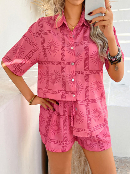 Pompeii print casual holiday style floral contrast color cardigan short pants set