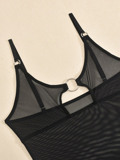 Mesh see-through chest iron ring hollow design jumpsuit
