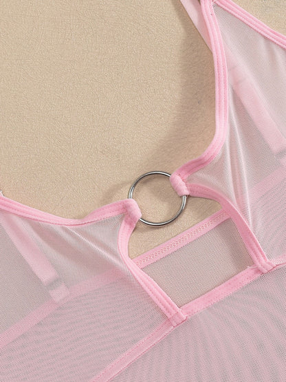Mesh see-through chest iron ring hollow design jumpsuit