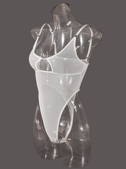 Mesh see-through chest iron ring hollow design jumpsuit