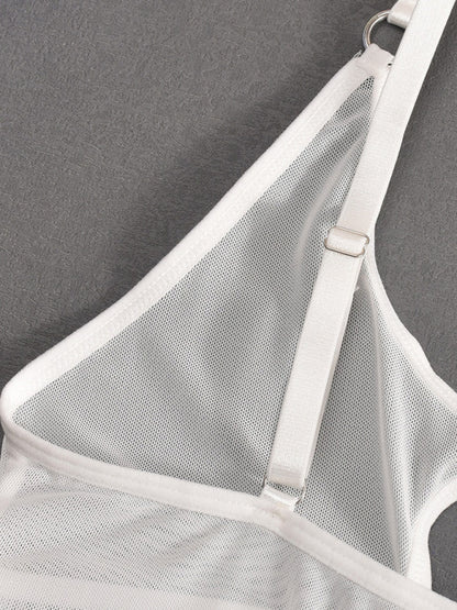 Mesh see-through chest iron ring hollow design jumpsuit