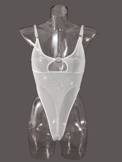 Mesh see-through chest iron ring hollow design jumpsuit