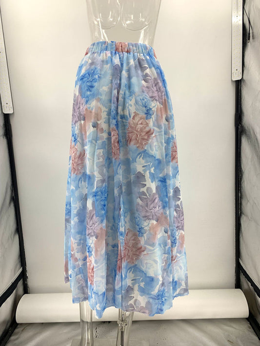 Printed chiffon casual elastic waist skirt