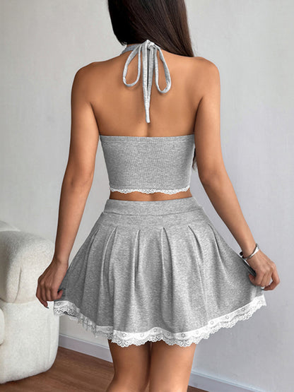 Lace lace short skirt halter neck suspenders two piece set