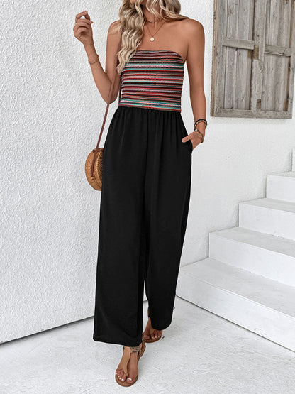 Casual simple jumpsuit elastic stitching striped jumpsuit