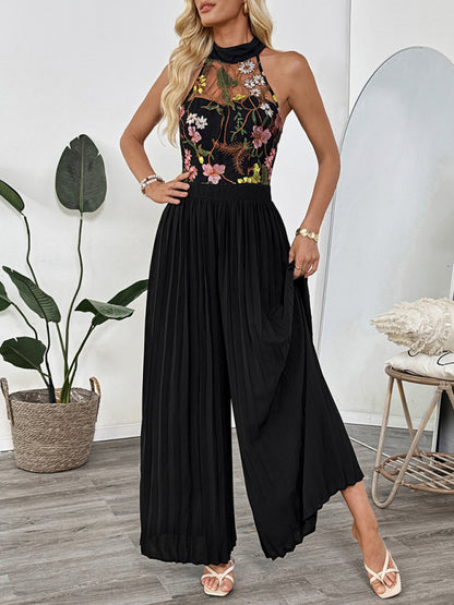 Sleeveless See-through Women's Halter Neck Sleeveless Lace Embroidery Splicing Wide Leg Jumpsuit