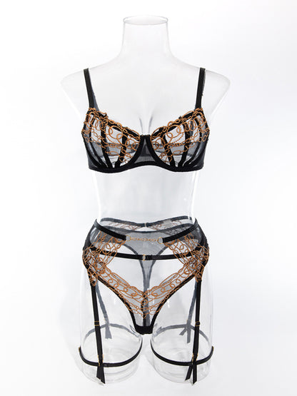 Lace transparent gold embroidery sexy hot girl underwear set