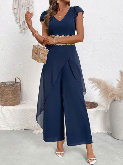 Casual simple and elegant lace splicing V-neck jumpsuit