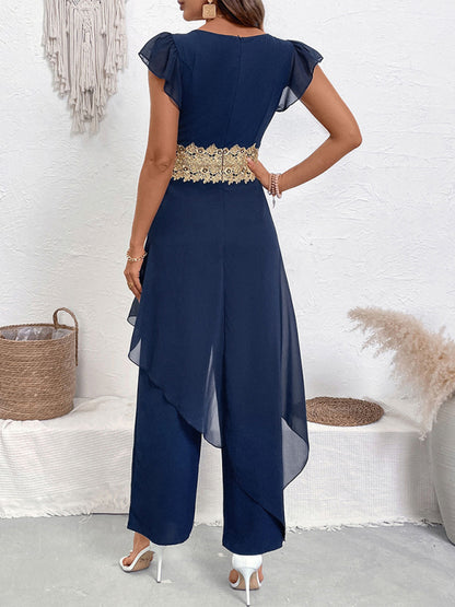 Casual simple and elegant lace splicing V-neck jumpsuit