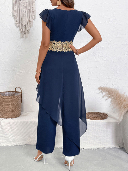 Casual simple and elegant lace splicing V-neck jumpsuit
