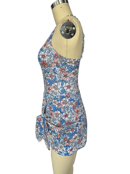 Sexy slim skirt blue floral print one-piece swimsuit bikini