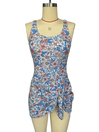 Sexy slim skirt blue floral print one-piece swimsuit bikini