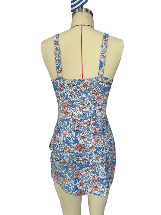 Sexy slim skirt blue floral print one-piece swimsuit bikini