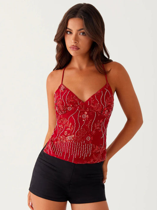 Embroidered Sequined Vest Sexy Hot Girls Suspender Top